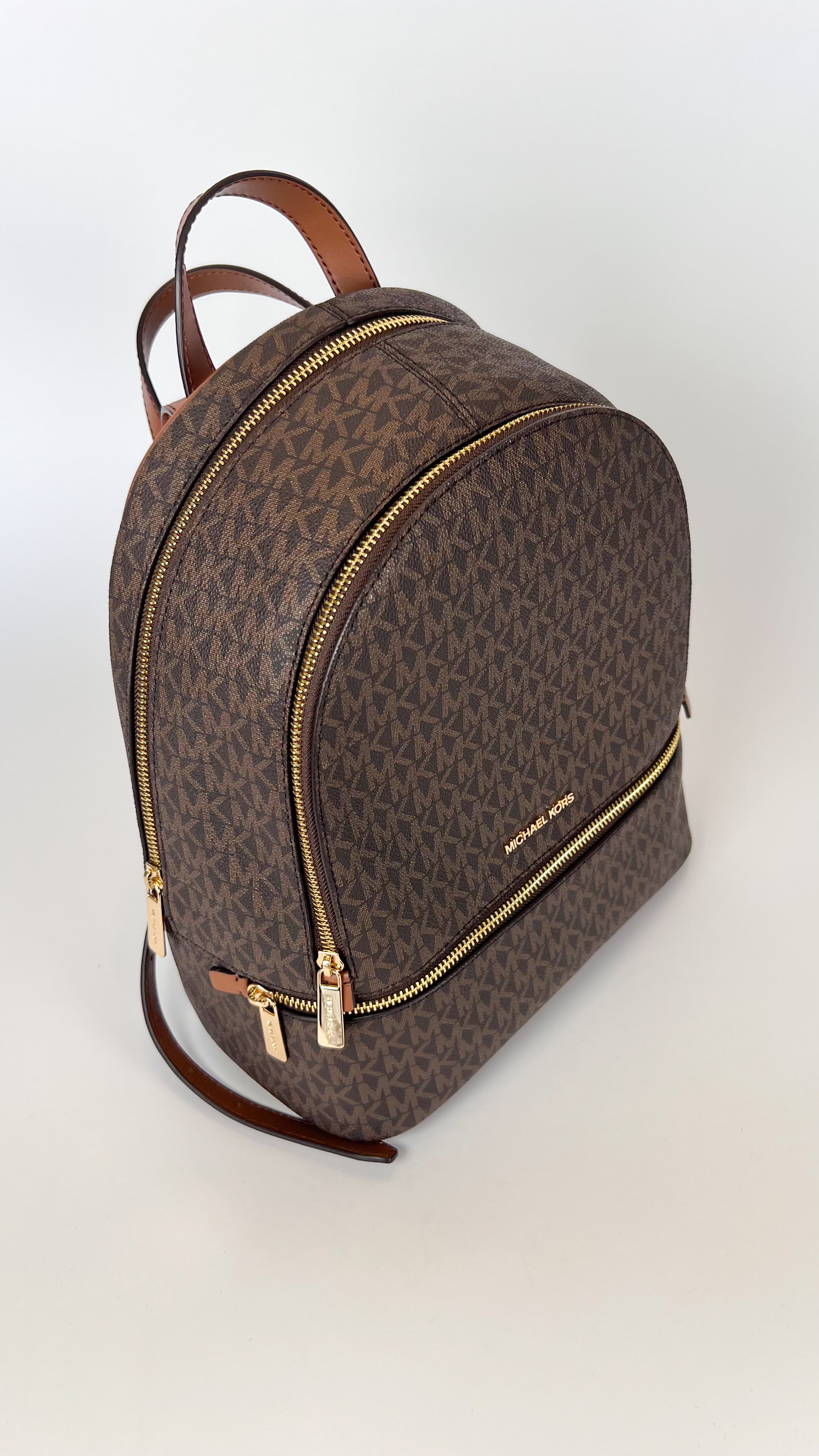 Michael Kors Rhea Medium Color-Block Signature Logo Backpack Brown