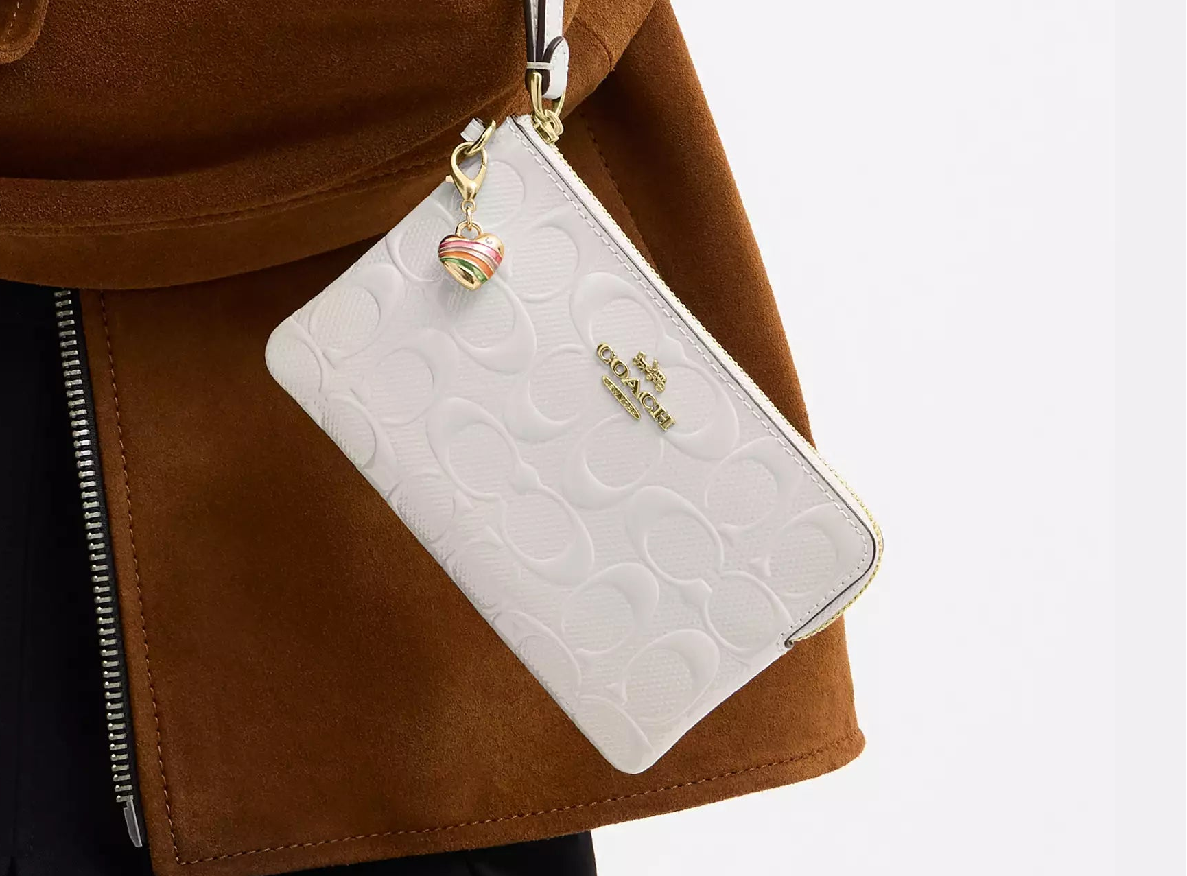 COACH Corner Zip Wristlet In Signature Leather With Heart Charm