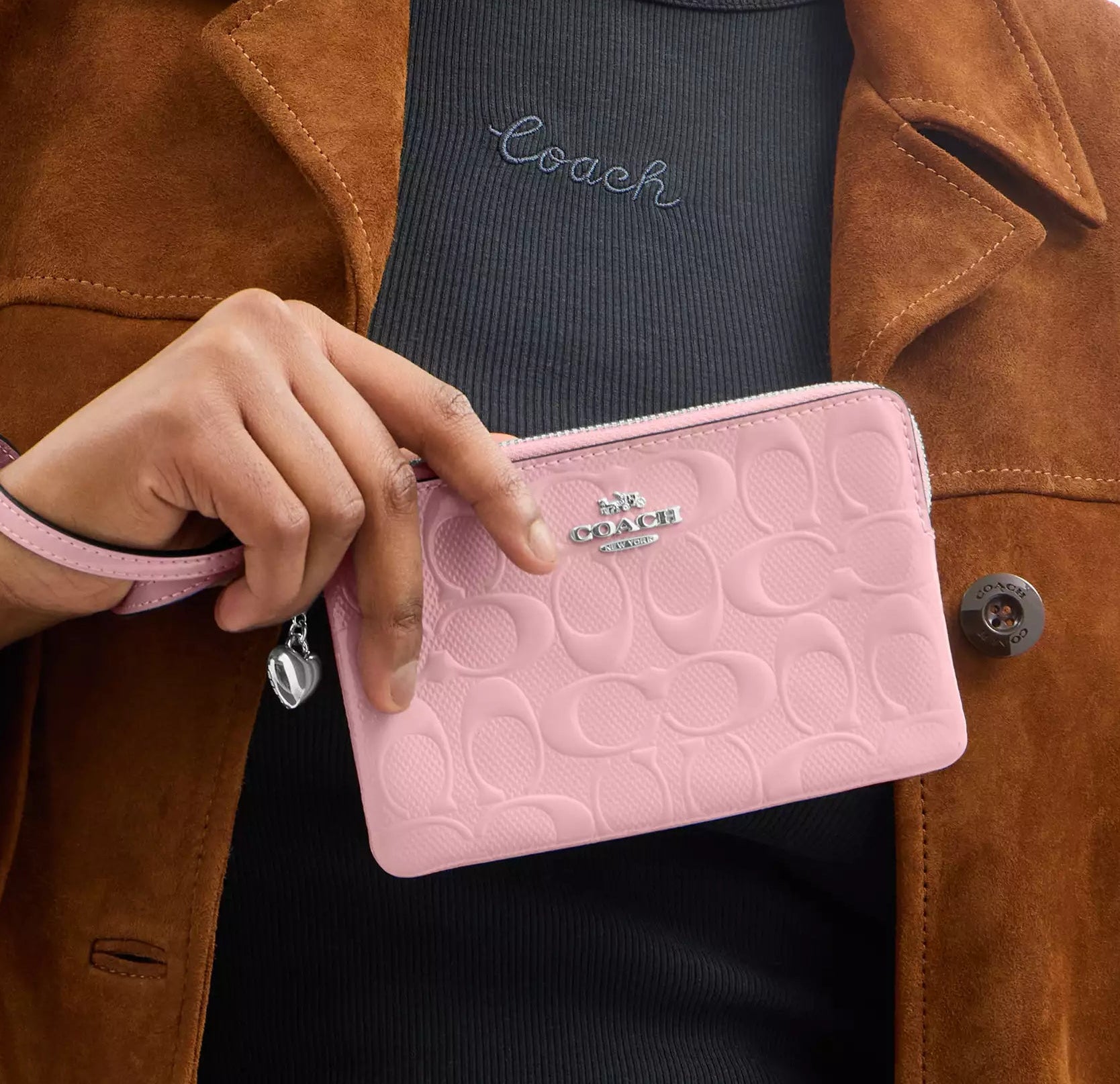 COACH Corner Zip Wristlet In Signature Leather With Heart Charm